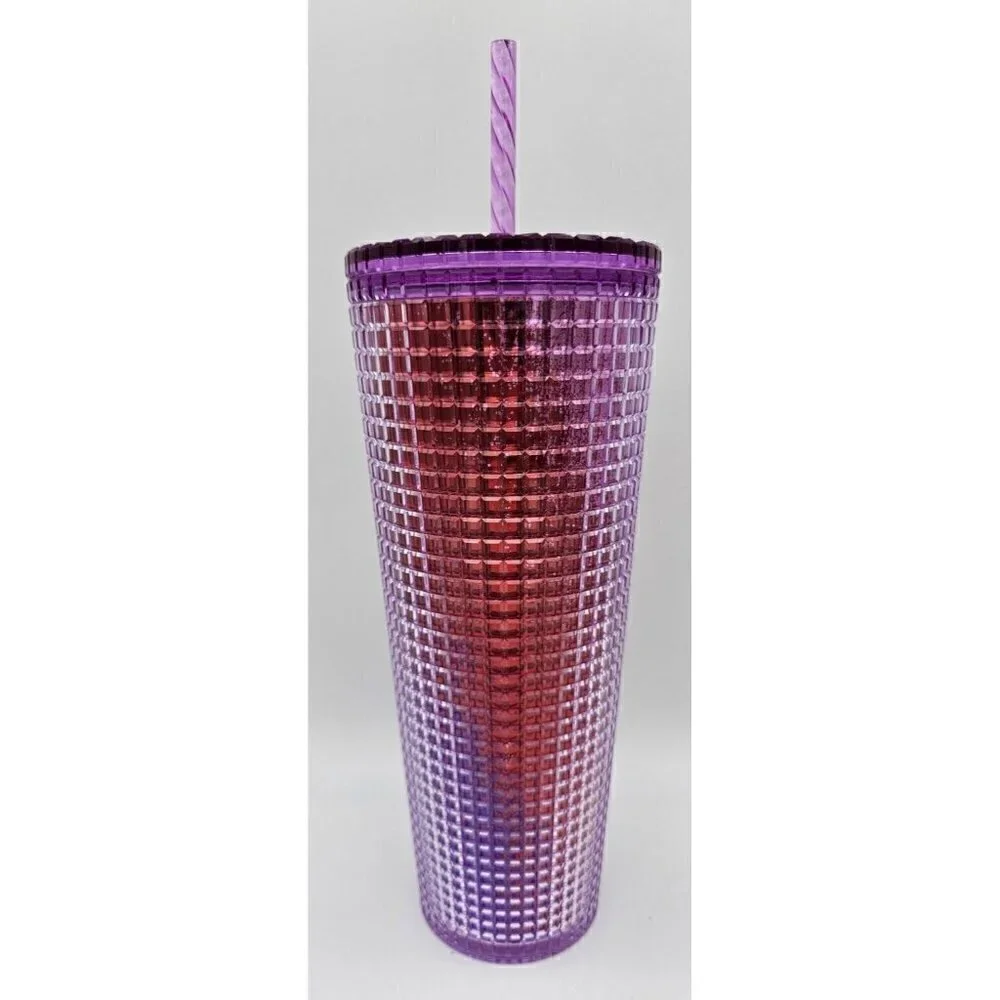 STARBUCKS Summer 2021 Pink and Purple Grid Tumbler 24oz Cold Cup Pre-owned